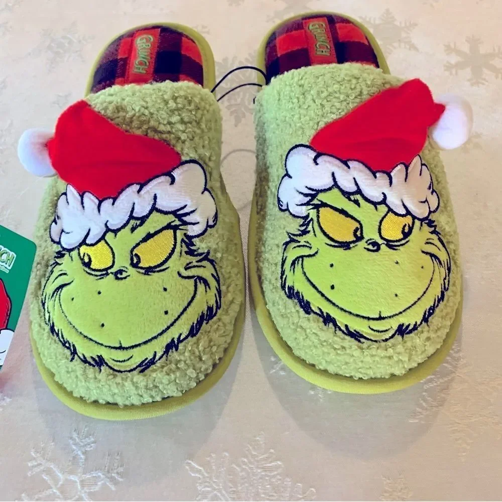 NWT Grinch Christmas Slippers with Santa Hat Big Girls Youth Sz 2/3 Gorgeous